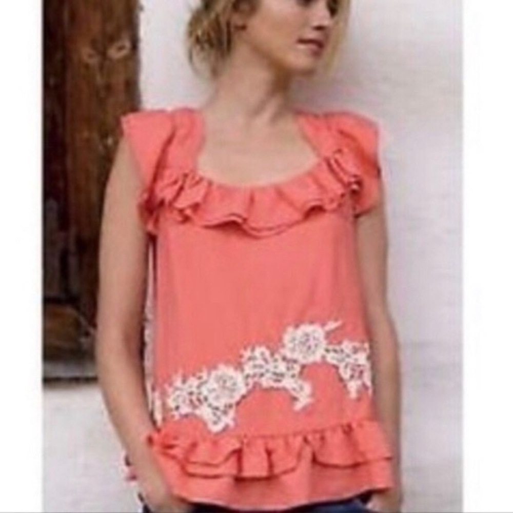 Anthropologie | floreat coral crochet detail ruffle top 2